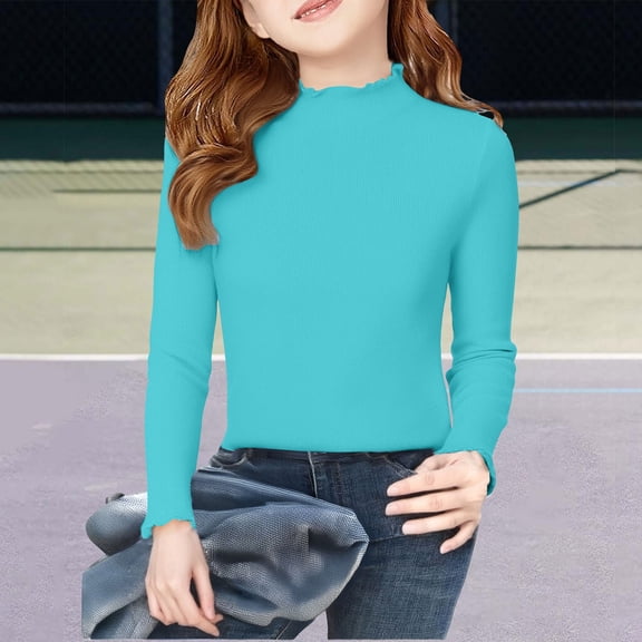 LIJCC Kid Girls Lettuce Trim Mock Neck Long Sleeve Shirts Ribbed Knit Casual Dressy Slim Fit Tee Shirt Base Layer Tops Tees Soft Casual Basic T Shirt