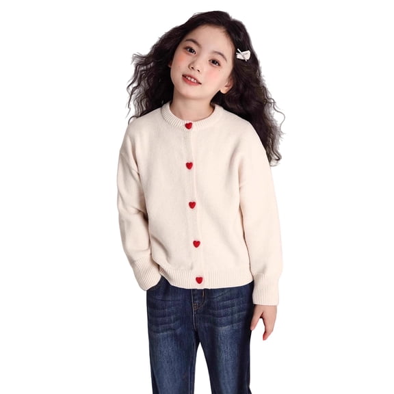 LIJCC Kid Girls O-Neck Long Sleeve Sweaters Cardigan Open Front Heart-Shaped Buttons Casual Solid Color Knitting Sweater Loose Outerwear Tops