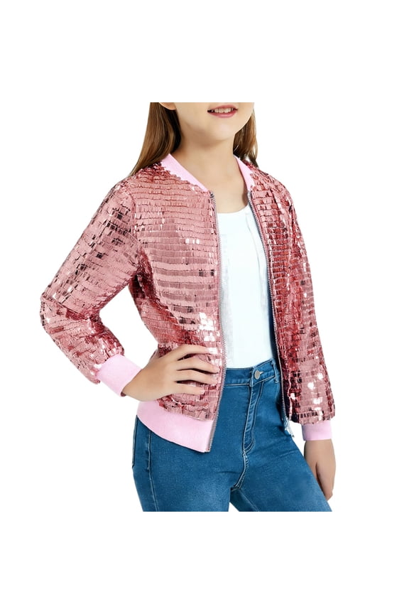 Kid Girls Sequin Jacket Plus Size Sparkle Jackets Front Zip Long Sleeve Loose Blazer Bomber Casual Fahion Shiny Glitter Jacket with Pockets