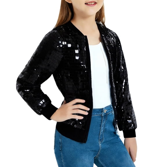 LIJCC Kid Girls Sequin Jacket Plus Size Sparkle Jackets Front Zip Long Sleeve Loose Blazer Bomber Casual Fahion Shiny Glitter Jacket with Pockets
