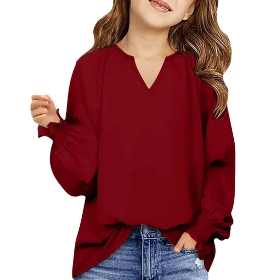 LIJCC Kid Girls' Smocked Long Sleeve V-Neck Tee Solid Color Loose Fit Casual Top Casual Chiffon Blouse Flowy Work Shirts Lightweight Ruffle Cuffs Soft Tunic