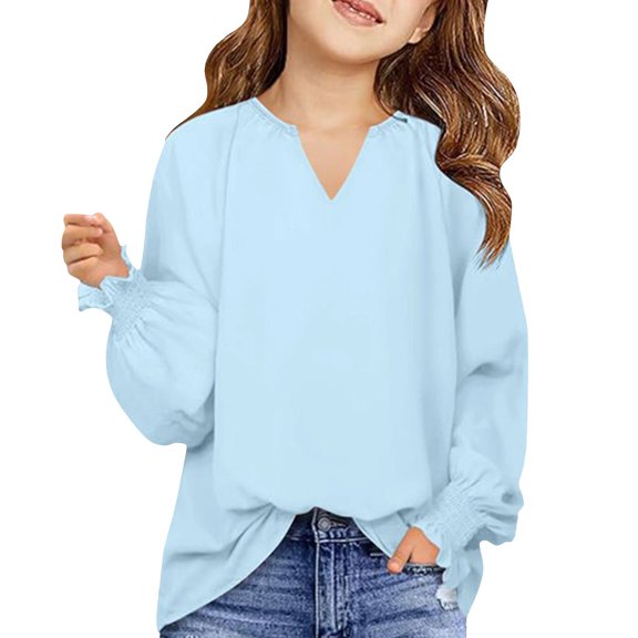 LIJCC Kid Girls' Smocked Long Sleeve V-Neck Tee Solid Color Loose Fit Casual Top Casual Chiffon Blouse Flowy Work Shirts Lightweight Ruffle Cuffs Soft Tunic