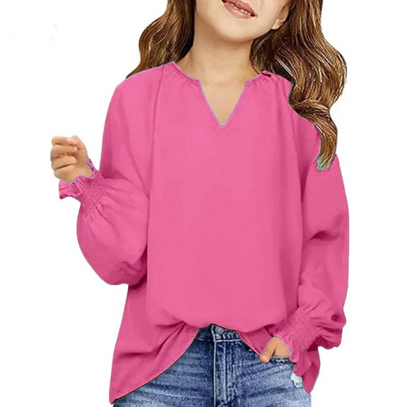 LIJCC Kid Girls' Smocked Long Sleeve V-Neck Tee Solid Color Loose Fit Casual Top Casual Chiffon Blouse Flowy Work Shirts Lightweight Ruffle Cuffs Soft Tunic