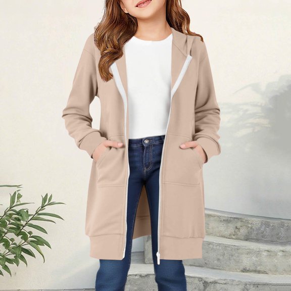 LIJCC Kid Girls Zip Up Long Sleeve Hoodies with Pockets Oversized Fleece Long Tunic Sweatshirts Casual Fall Winter Outdoor Warm Hoodie Jacket Coat