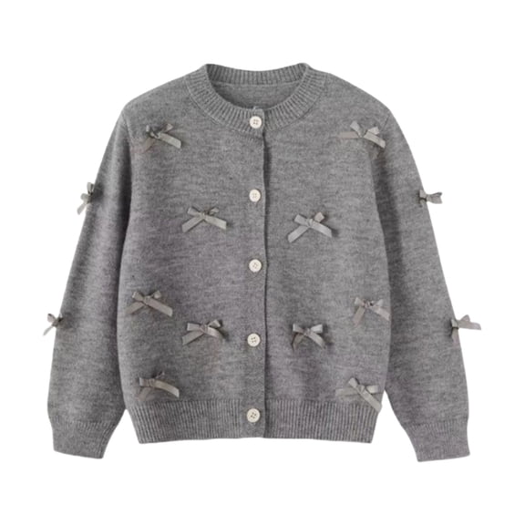 LIJCC Kids Cardigan Open Front Button-Down Long Sleeve Crewneck Ribbed Knit Sweater Girls Cute Bow Warm Sweaters Cozy Solid Color Jumper