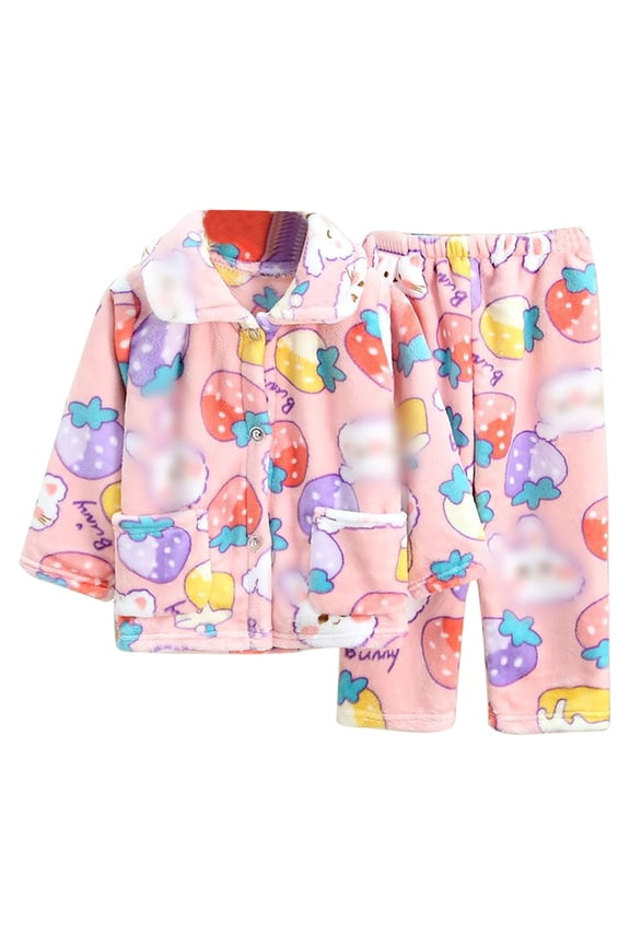 Kids Girls 2 Piece Lounge Sets Cute Warm Fleece Soft Fuzzy Strawberry Print Long Sleeve Button Up Top and Pants Outfit Toddler Boys Winter Sleepwear