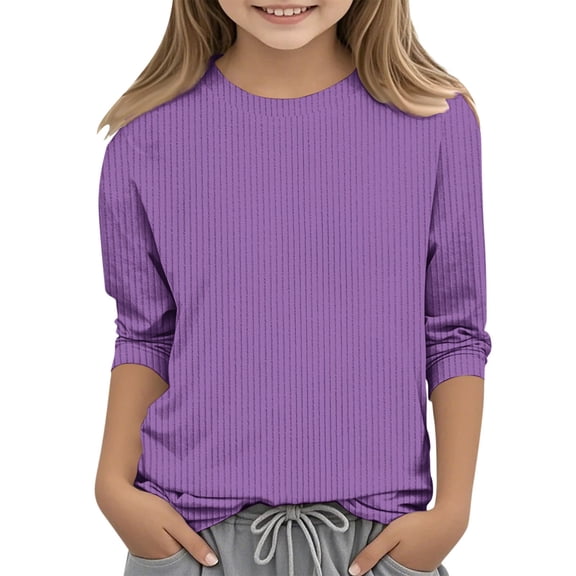 LIJCC Kids Girls 3/4 Sleeve Ribbed Knit Split Pullover Tops Knit Crew Neck Loose Fit Cute Shirts Dressy Casual Solid Color Cozy Blouses Trendy Kids Tees