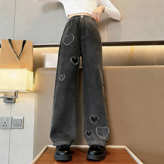 LIJCC Kids Girls Baggy Wide Leg Flare Skinny Denim Pants Love Pattern Heart Print Ripped High Waist Elastic Band Casual with Pockets Elastic Waist Jeans