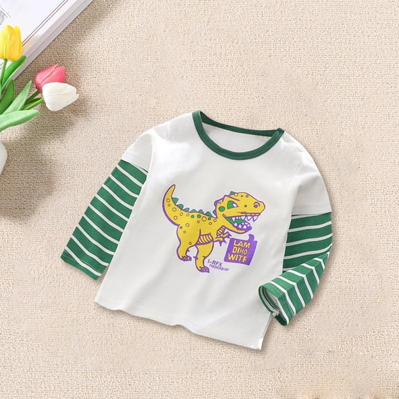 LIJCC Kids Girls Boys Cartoon Striped Print Graphic T-Shirt Patchwork Crewneck Long Sleeve Loose Tops Girls Fall Basic Comfort Tees Clothes
