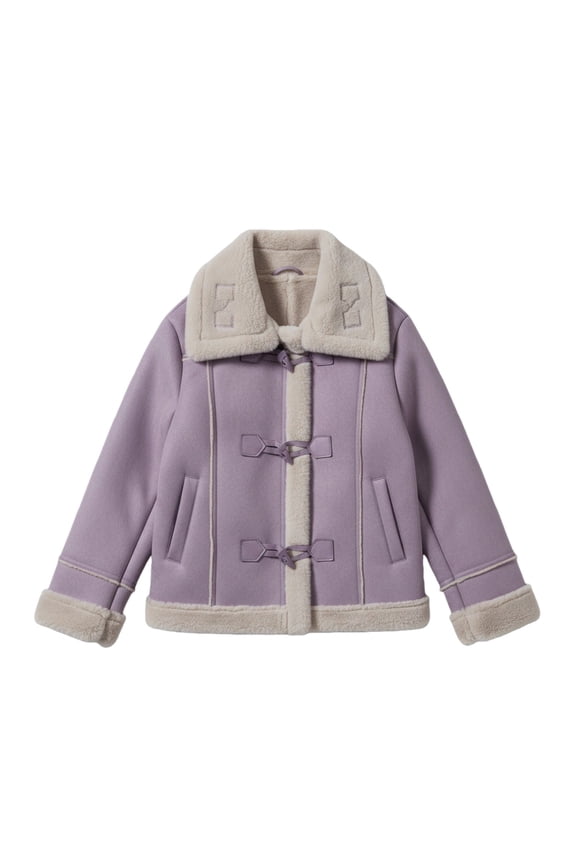 Kids Girls Faux Leather Jacket with Faux Fur Sherpa Fleece Lined Parka Cropped Coat with White Collar Winter Thick Warm Coat Button up Fashion Outerwear