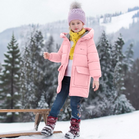 LIJCC Kids Girls Hooded Puffer Jacket Long Sleeve Lightweight Thicken Windproof Zip Up Puffy Winter Down Coat Outdoor Warm Long Outerwear