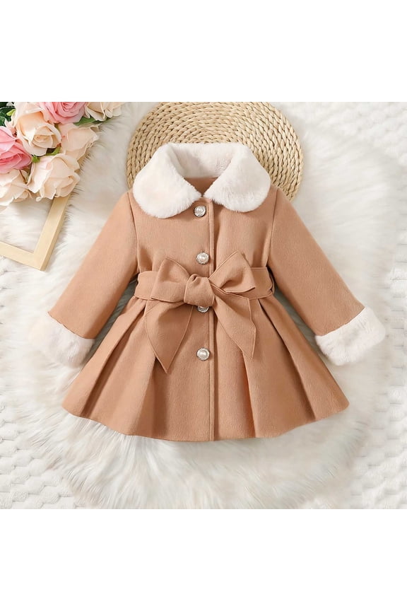 Kids Girls Long Sleeve Buttons Fleece Lined Dress Jacket Coats Padded Warm Peacoats Padded Warm Buttons Collar Outwear Ruffles Coats with Belt