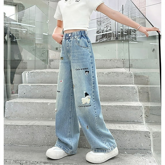 LIJCC Kids Girls Wide Leg Jeans Elastic Waist Straight Leg Trousers Cute Embroidered Y2K Streetwear Denim Pants Casual Loose High Elastic Waisted Trousers
