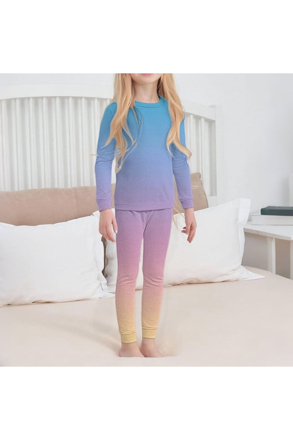 Kids Gradient Wool Base Layer Set Thermal Underwear Set Fleece Cotton Long Sleeve Tops and Long Pants Girls Soft Base Layer for Winter Outfit