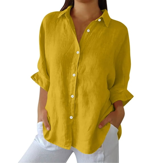 LIJCC Ladies Cotton and Linen Tie Back Shirt Women Button Down Shirts Cotton Linen Blouse Tops 3/4 Sleeve Collar Shirt Tunic Loose Fit Fashion Trendy Clothes
