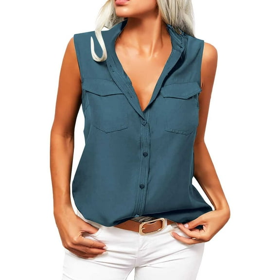 LIJCC Ladies Summer Loose Shirt Lapel Sleeveless Shirt Women'S Summer Solid Lapel Sleeveless Tank Tops Button Down Shirts Ladies Shirts