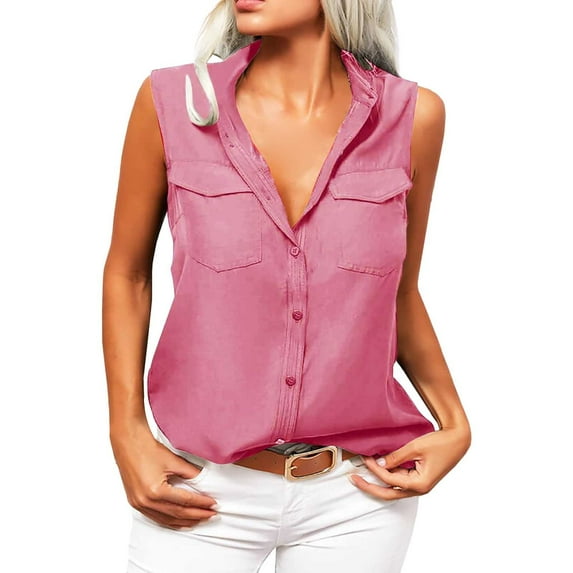 LIJCC Ladies Summer Loose Shirt Lapel Sleeveless Shirt Women'S Summer Solid Lapel Sleeveless Tank Tops Button Down Shirts Ladies Shirts