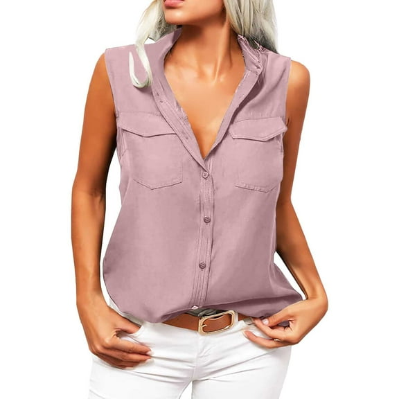 LIJCC Ladies Summer Loose Shirt Lapel Sleeveless Shirt Women'S Summer Solid Lapel Sleeveless Tank Tops Button Down Shirts Ladies Shirts