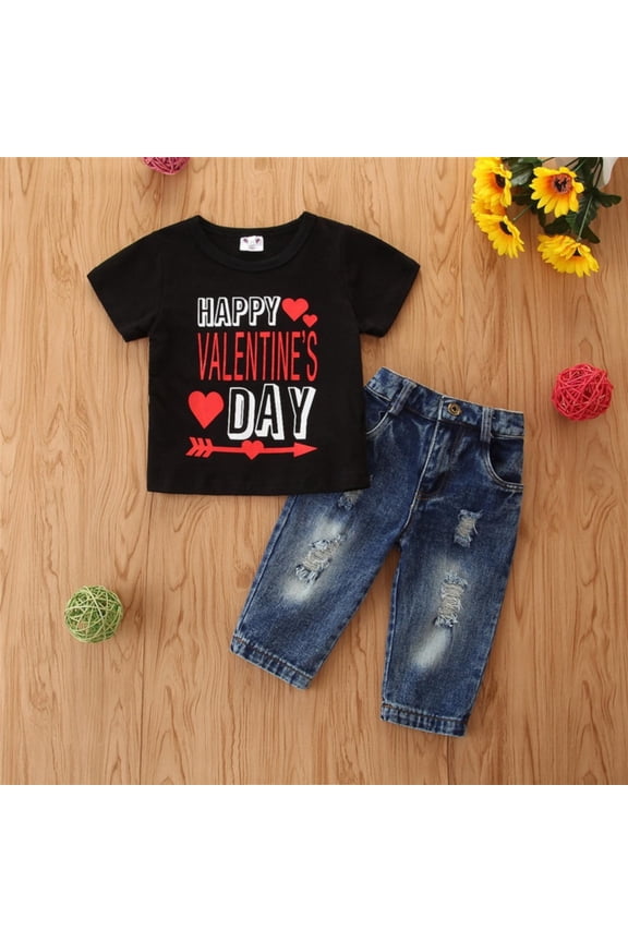 Little Boy Valentine's 2-Piece Casual Set - Black Short-Sleeve T-Shirt with "HAPPY VALENTINE'S DAY" Graphic (Red Hearts & Arrow) + Distressed Denim Jeans (Trendy Holiday Look)