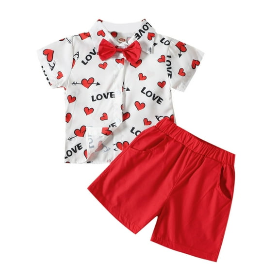 LIJCC Little Boy Valentine's 2-Piece Dressy Set - White Short-Sleeve Button-Down Shirt (Red Hearts, Arrows & "LOVE" Print) + Red Bow Tie + Classic Red Pull-On Shorts