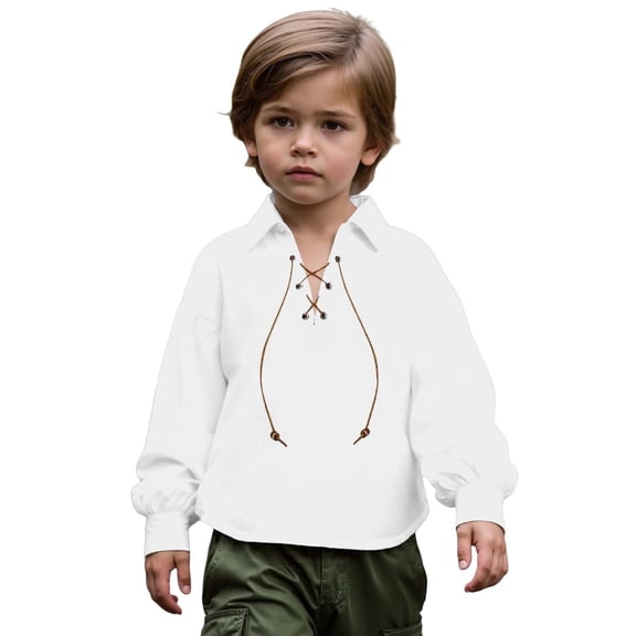 LIJCC Medieval Boys Shirt Renaissance Kids Lace-up Pirate Shirts Retro boys' revival period children's Lace-up pirate shirts(White,4-6 Years)