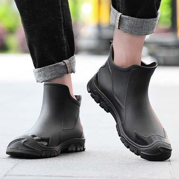 LIJCC Men Women's Ankle Rain Boots Rubber Outdoor Work Boots Mid Heel Chelsea Booties Lightweight Waterproof Non-Slip Platform Lug Sole Short Garden Hiking Water Shoes