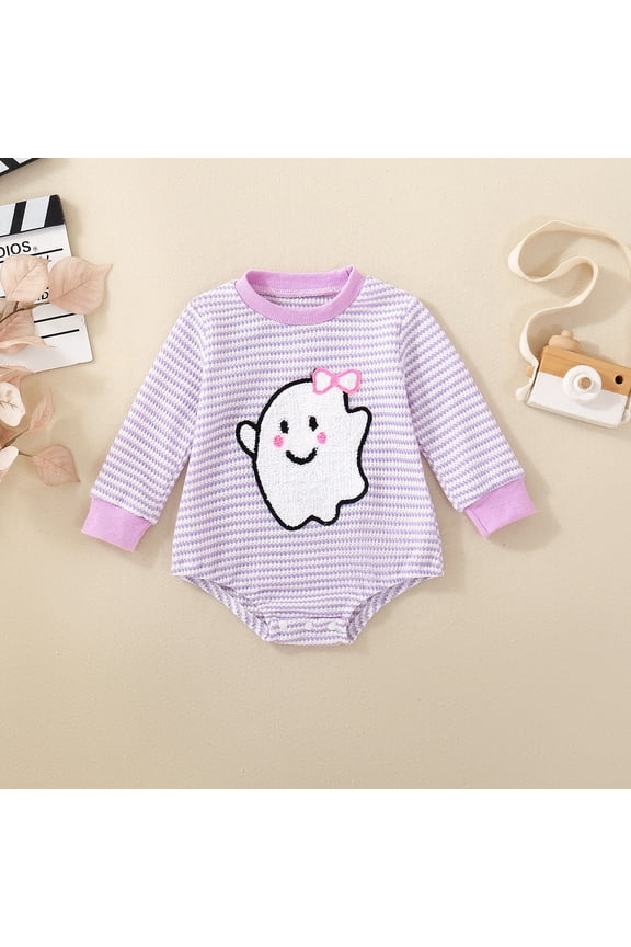 Newborn Baby Boy Girl Halloween Outfit One Piece Outfit Pumpkin Ghost Embroidery Stripe Long Sleeve Bubble Romper Waffle Bodysuit Fall Winter Clothes