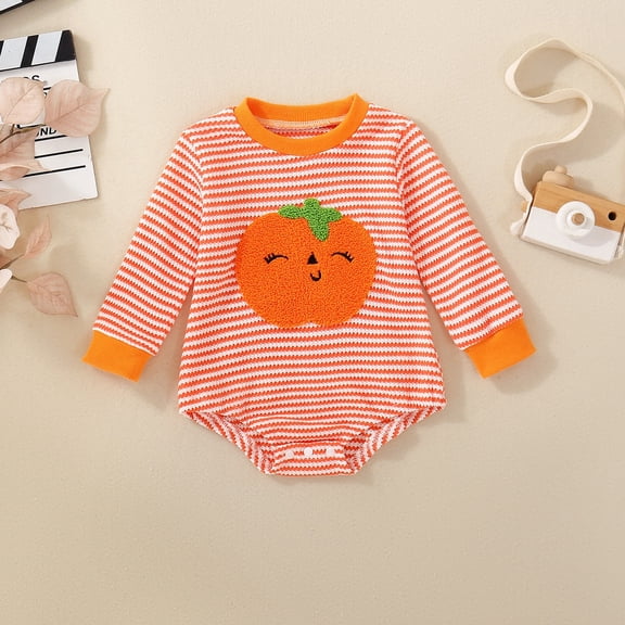 LIJCC Newborn Baby Boy Girl Halloween Outfit One Piece Outfit Pumpkin Ghost Embroidery Stripe Long Sleeve Bubble Romper Waffle Bodysuit Fall Winter Clothes