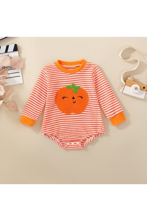 Newborn Baby Boy Girl Halloween Outfit One Piece Outfit Pumpkin Ghost Embroidery Stripe Long Sleeve Bubble Romper Waffle Bodysuit Fall Winter Clothes