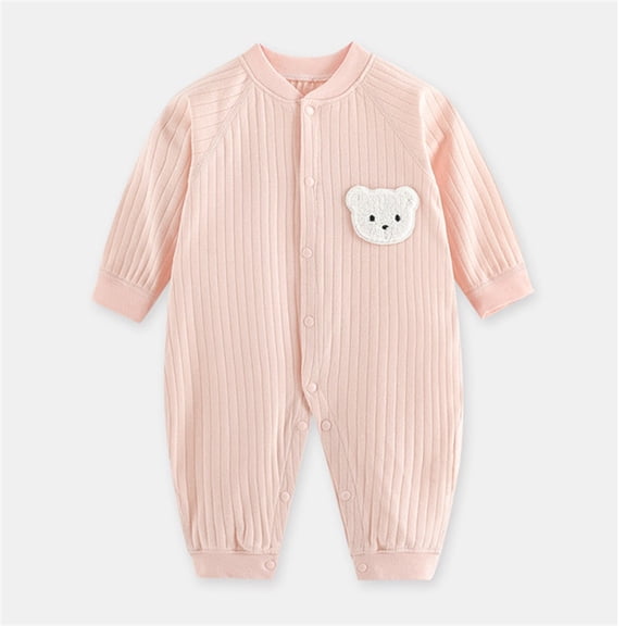 LIJCC Newborn Baby Cotton Onesie, Cute Bear Patched Casual Long Sleeve Bodysuit, Ribbed Cuffs Toddler & Infant Boy's Girl's Comfortable Easy Diaper Change Clothing