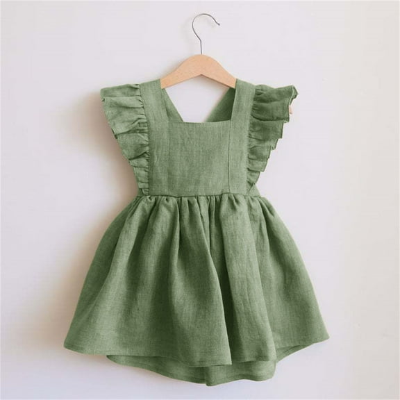 LIJCC Newborn Baby Girls Linen Dress with Smocking Flying Sleeve Dress Cute Square Neck Collar Solid Color Infant Casual Sleeveless Dress for Spring Summer