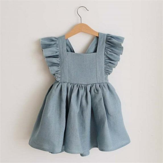 LIJCC Newborn Baby Girls Linen Dress with Smocking Flying Sleeve Dress Cute Square Neck Collar Solid Color Infant Casual Sleeveless Dress for Spring Summer
