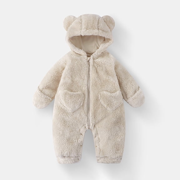 LIJCC Newborn Baby Jumpsuit Fleece Lined Warm Romper Hooded with Fold-Over Mittens Winter Snowsuit Girls Boys Outwear Onesie Outfits