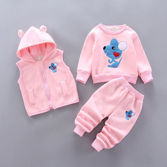 LIJCC Newborn Boys and Girls' 3 Piece Flannel Set Cat Print Long Sleeve Pullover Sweatshirt Hooded Zipper Vest and Long Pants Toddler Fall Winter Outfits