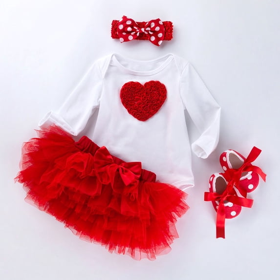 LIJCC Newborn Carnival Valentine's 4-Piece Dress-Up Set - Long-Sleeve Bodysuit with 3D Rose Heart + Voluminous Tulle Skirt + Polka-Dot Headband + Red Polka-Dot Shoes