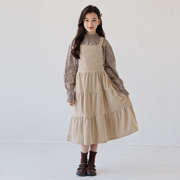 LIJCC Overall Dress for Kid Girls Jumper Dress with Pockets A Line Pinafore Overall Jumper Midi Long Dress Casual Suspender Straps Tiered Maxi Dress