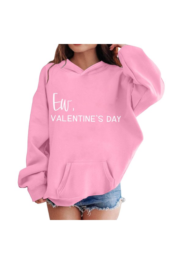 Playful Kids Valentine’s Day Hoodie – Beige Soft Fleece Pullover Sweatshirt with ‘Ew, Valentine’s Day’ Humorous Graphic, for Casual Wear, School Events or Funny Holiday Outfits