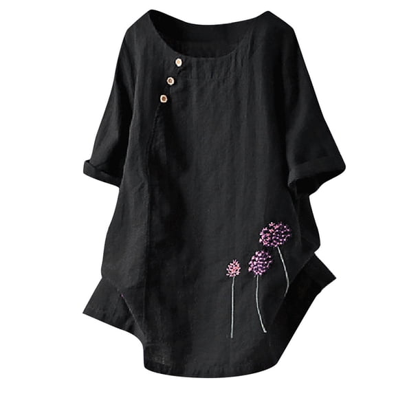 LIJCC Plus Size Short Sleeve Dandelion Embroidered Button Crew Neck Shirt Top Womens Cotton and Linen Plus Size Embroidery O-Neck Button Casual Blouse Tops