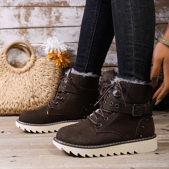 LIJCC Snow Boots for Women Faux Furry Lined Ankle Booties Fall Winter Short Boots Low Heel Suede Leather Lace Up Boots Casual Comfort Slip on Wide Width Ladies Boots