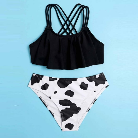 LIJCC Teen Bathing Suits for Girls Tankini Spaghetti Strap Criss Cross Cute Bikini Swimsuit 2 Piece Cow Print Swimming Suit Summer Swimwear (13-14 Years, Black)