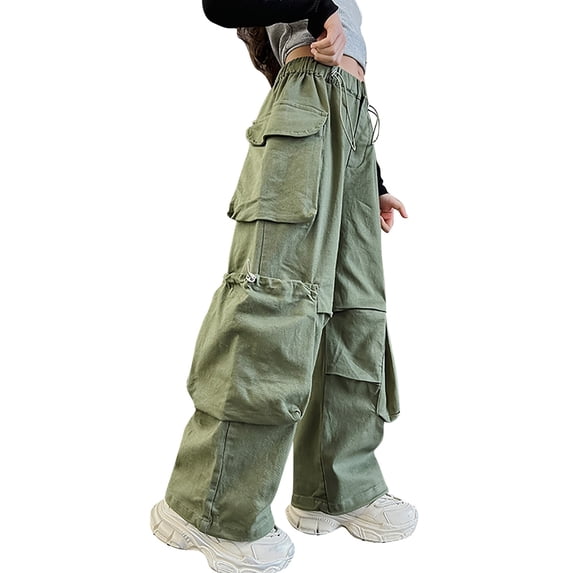 LIJCC Teen Girls Cargo Pants Elastic Waist Wide Leg Baggy Drawstring Cargo Sweatpants Athletic Pants Jogger(Blackish Green,9-10 Years)