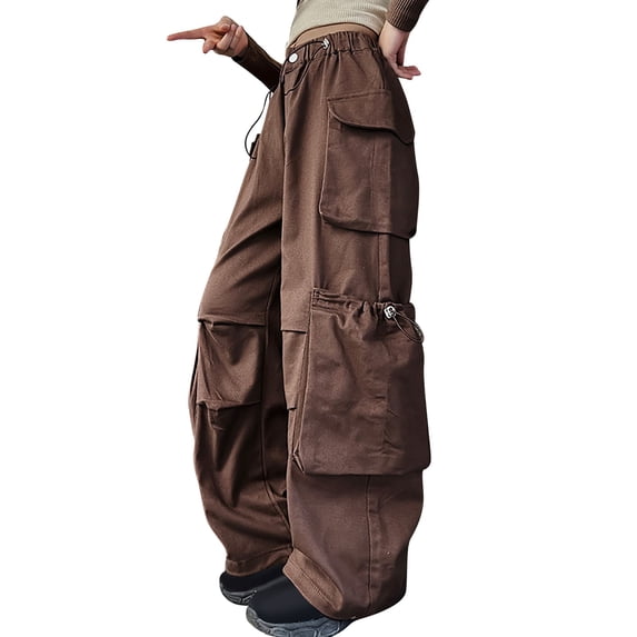 LIJCC Teen Girls Cargo Pants Elastic Waist Wide Leg Baggy Drawstring Cargo Sweatpants Athletic Pants Jogger(Coffee,5-6 Years)