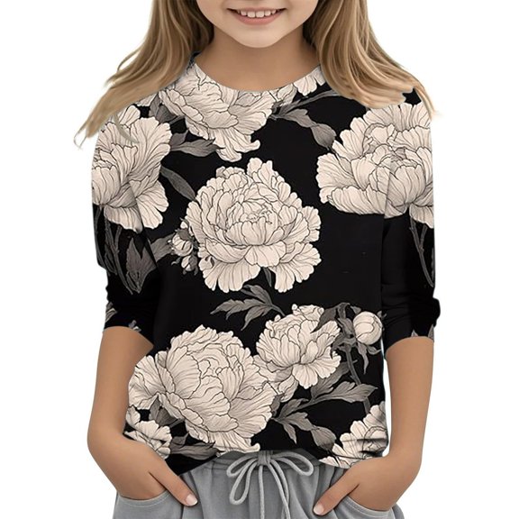 LIJCC Teen Girls Clothes 3/4 Length Sleeve Round Neck Floral Print Blouses Shirts Graphic Blouses Fall Winter Dressy Casual Pullover Cute Oversized Tops