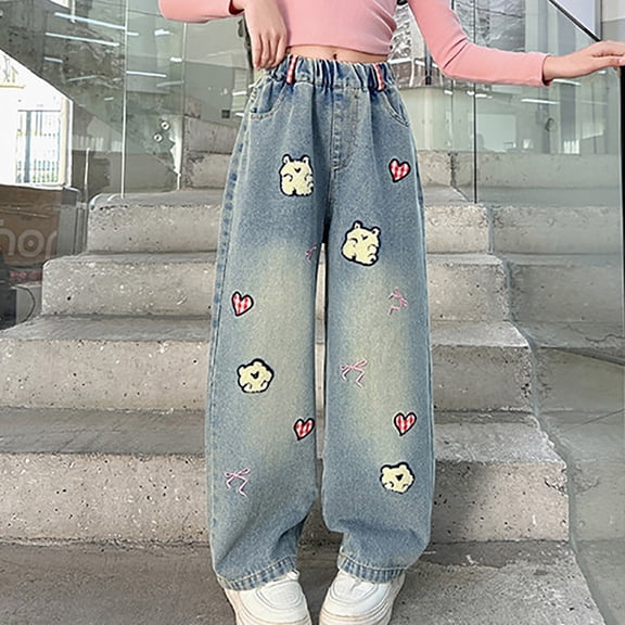 LIJCC Teen Girls Cute Star Applique Jeans Elastic Band Fashion Kawaii High Waisted Straight Leg Jeans with Pockets Vintage Y2k Streetwear Aesthetic Clothes