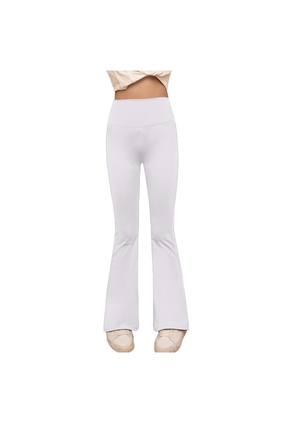 Teen Girls High Waisted Yoga Flared Pants Thin Sports Tights Workout Leggings Kids Solid Color Bell-Bottom Trousers(White,14-16 Years)