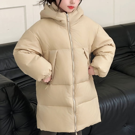 LIJCC Teen Girls Quilted Winter Coat Thick Down Jackets Hooded Puffer Jacket Long Sleeve Zip Up Padded Lightweight Puffy Coat Windproof Warm Long Outerwear