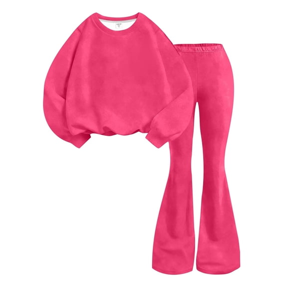 LIJCC Teen Girls Sweatsuit Solid 2 Piece Sweatsuits Round Collar Pullover Sweatshirts and bell-bottom trousers Sweat Set(Hot Pink,7-8 Years)