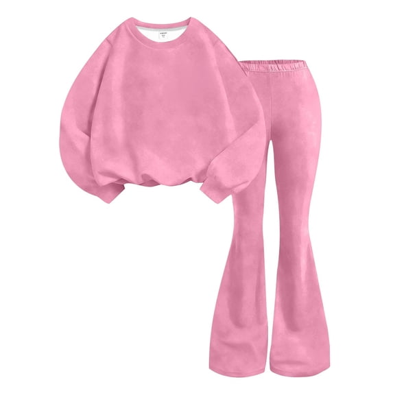 LIJCC Teen Girls Sweatsuit Solid 2 Piece Sweatsuits Round Collar Pullover Sweatshirts and bell-bottom trousers Sweat Set(Pink,9-10 Years)