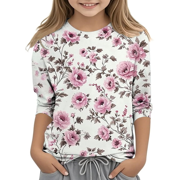 LIJCC Teens Girls Shirts Flower Graphic 3/4 Length Sleeve Clothes Dressy Loose Fit Casual Tops Trendy Blouses Cute T-Shirts Crew Neck Tops Pullover Fashion Outfits