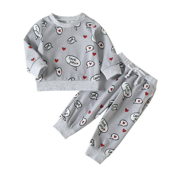 LIJCC Toddler 2-Piece Valentine's Outfit - Soft Gray Long-Sleeve Sweatshirt   Drawstring Pants (Printed with "Love You" Speech Bubbles & Red Hearts)